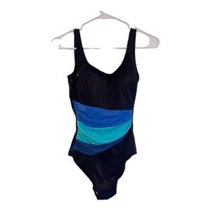 Vintage 80s Baltex One Piece Swimsuit Black Blue Colorblock Size 10